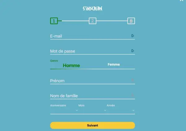 Formulaire d’inscription – création de compte joueur avec e-mail et mot de passe